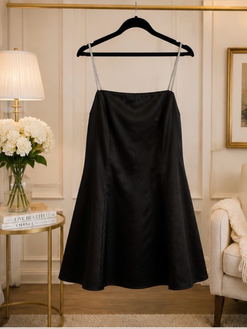 Crystal Doll Black Satin Mini Dress with Rhinestone Straps